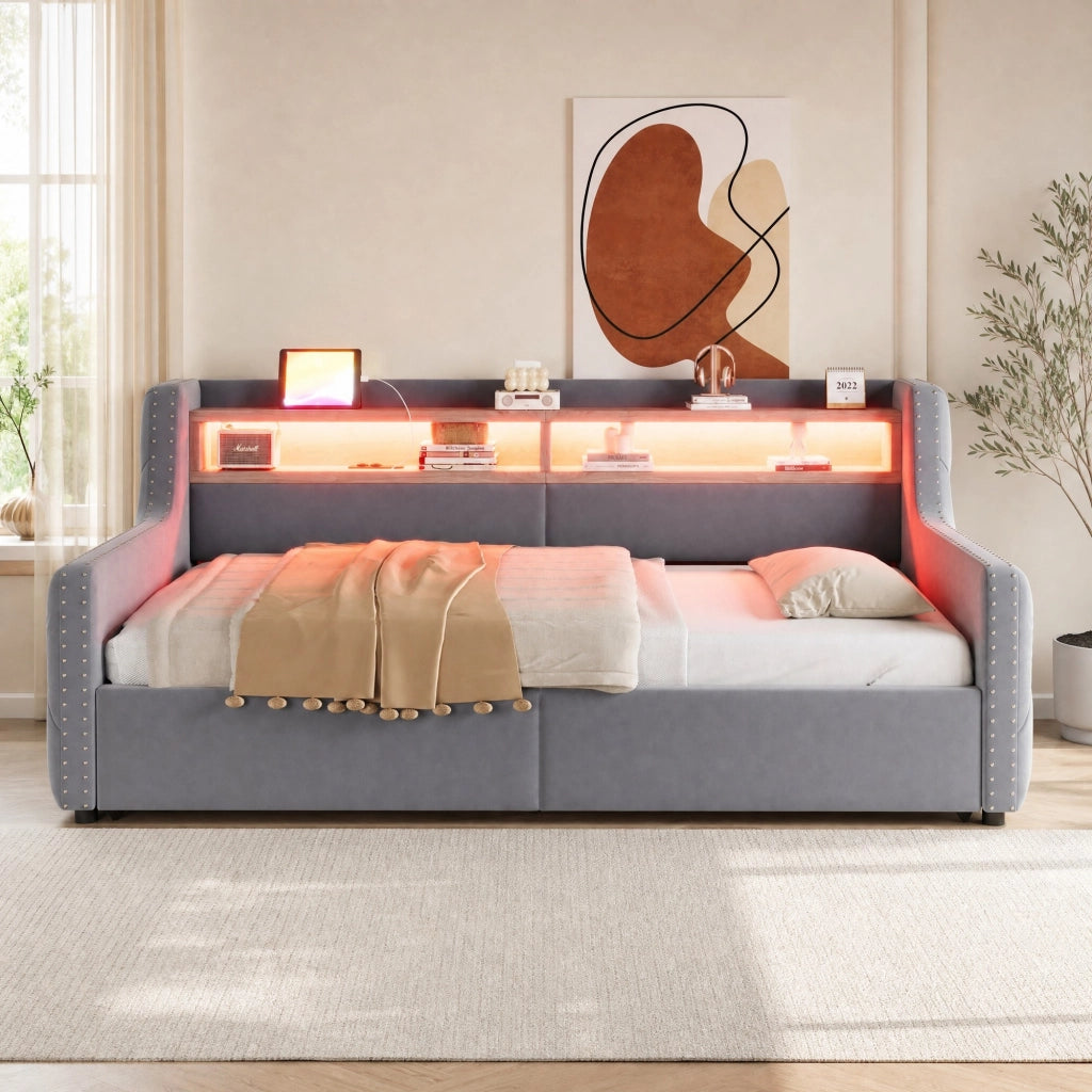 DIVANO LETTO 90 x 200 cm in velluto grigio chiaro con LED e vano contenitore