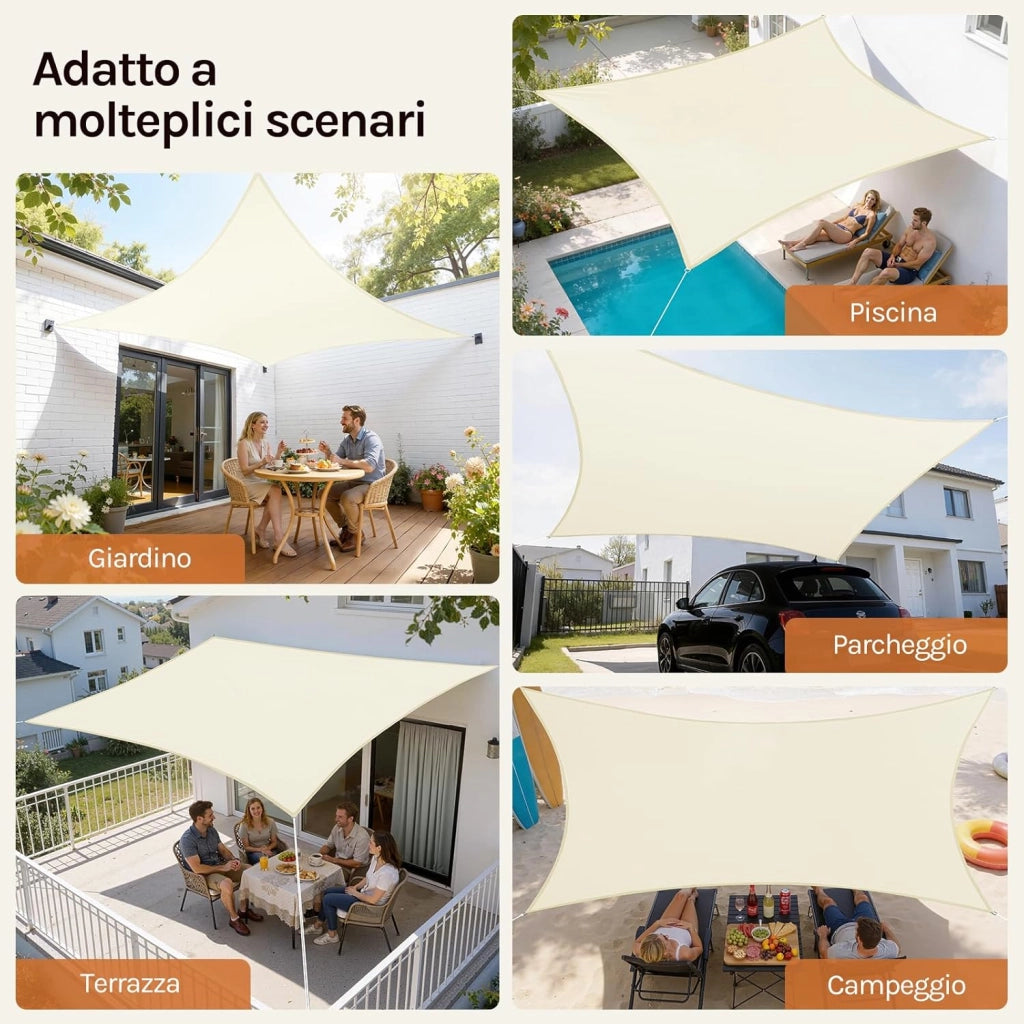 Vela ombreggiante 5x7m in PES 160 g/m² Impermeabile Tenda a Vela Parasole Rettangolare Protezione Solare Respirante Anti UV Giardino Esterni Crema
