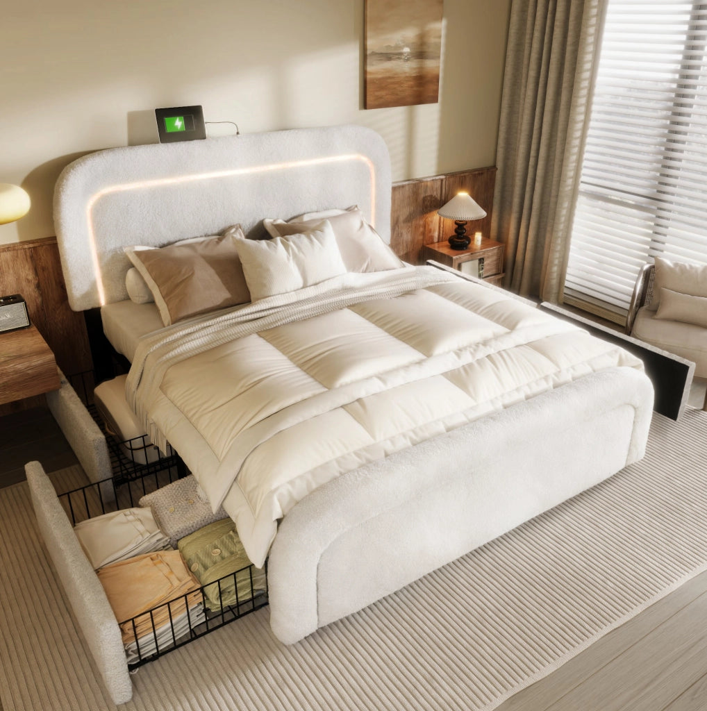 Letto matrimoniale 140x200 cm con LED; USB e USB C; 4 cassetti; tessuto sherpa bianco