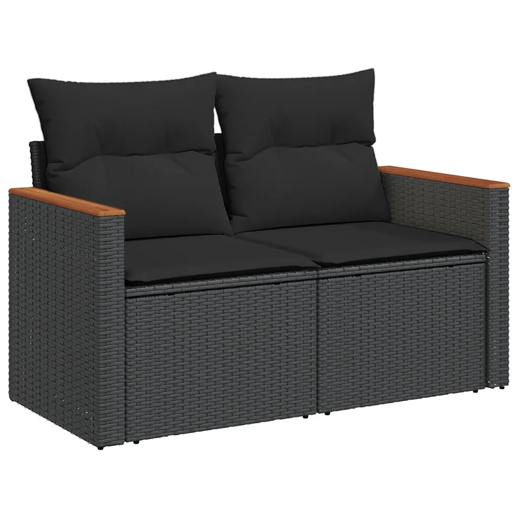 Set Divano da Giardino 6 pz con Cuscini Nero Polyrattan Acacia