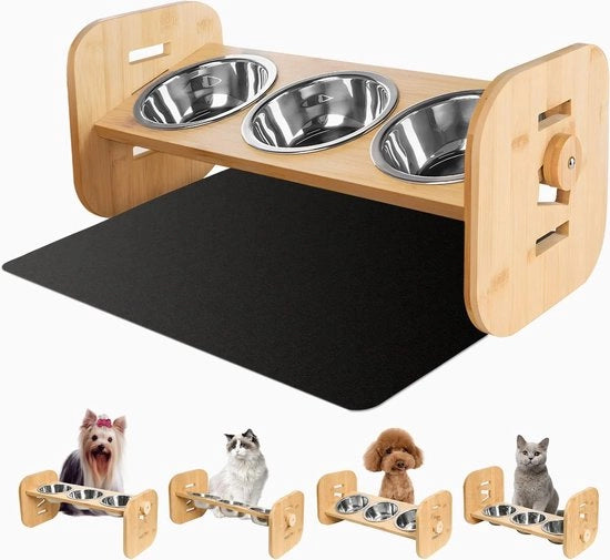 Ciotola per cani o gatti regolabile in altezza, 4 posizioni, 300 ml per ciotola, separazione secca e umida, rete in bambù, ciotola per cibo secco, ciotola per cibo umido, ciotola per acqua, con piatto per sotto.