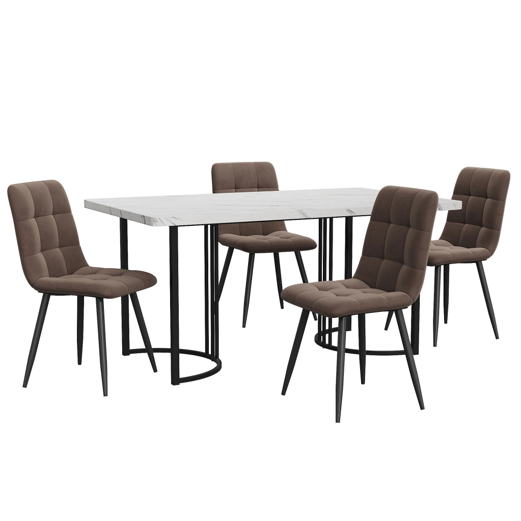 Set da pranzo 5 pezzi 140x80 cm con piano in MDF effetto marmo; gambe in metallo; bianco