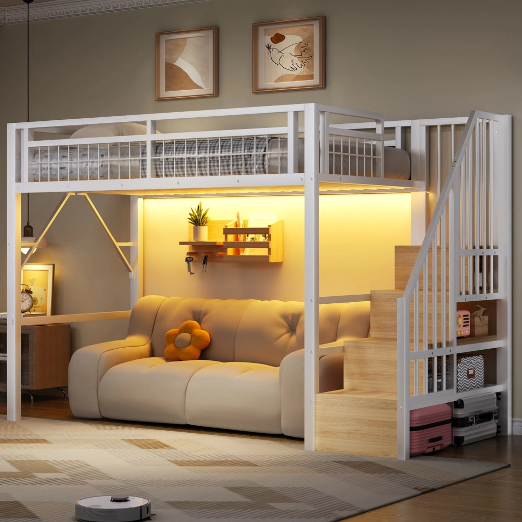 DESMIU Letto a soppalco 1 posto con LED regolabile e scala contenitore, 90 × 200 cm, senza materasso, bianco