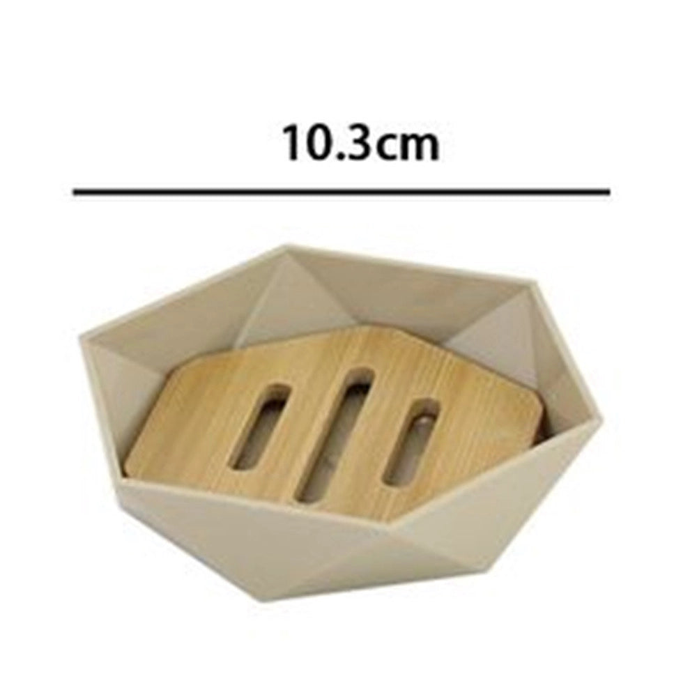 Trade Shop - Piattino Porta Sapone Saponetta Forma Esagonale Geometrico Beige Legno Da Bagno 10843 -