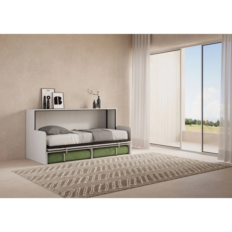 Letto singolo a scomparsa Kando con divano con materasso , verde - Bianco Frassino