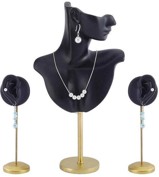 Standarizzazione degli Orecchini con 2 Orecchini a Pendente - Supporto in Resina - Stand per Esposizione - Sostegno in Acciaio dorato - 32 cm di Altezza - Cassa per Gioielli