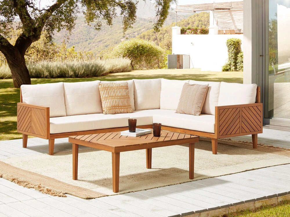 Set divani da giardino in legno di acacia cuscini beige chiaro 4 posti con tavolino design moderno set conversazione per esterni