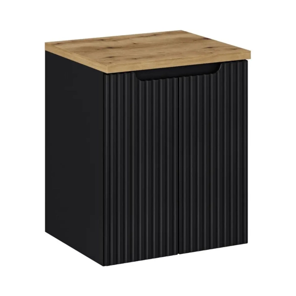 Set bagno sospeso VANO 50cm: mobile sottolavabo con ante scanalate + piano per lavabo effetto rovere chiaro