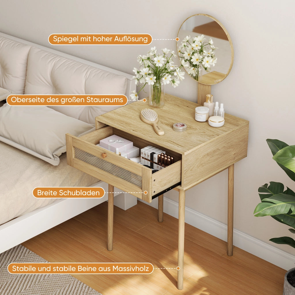 Toeletta compatta in stile boho con specchio rotondo e cassetti, finitura rovere