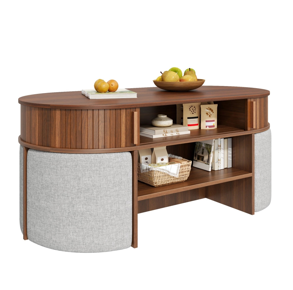 Tavolino da salotto ovale con contenitore; set con pouf in tessuto; 120 x 60 x 51;5 cm; noce