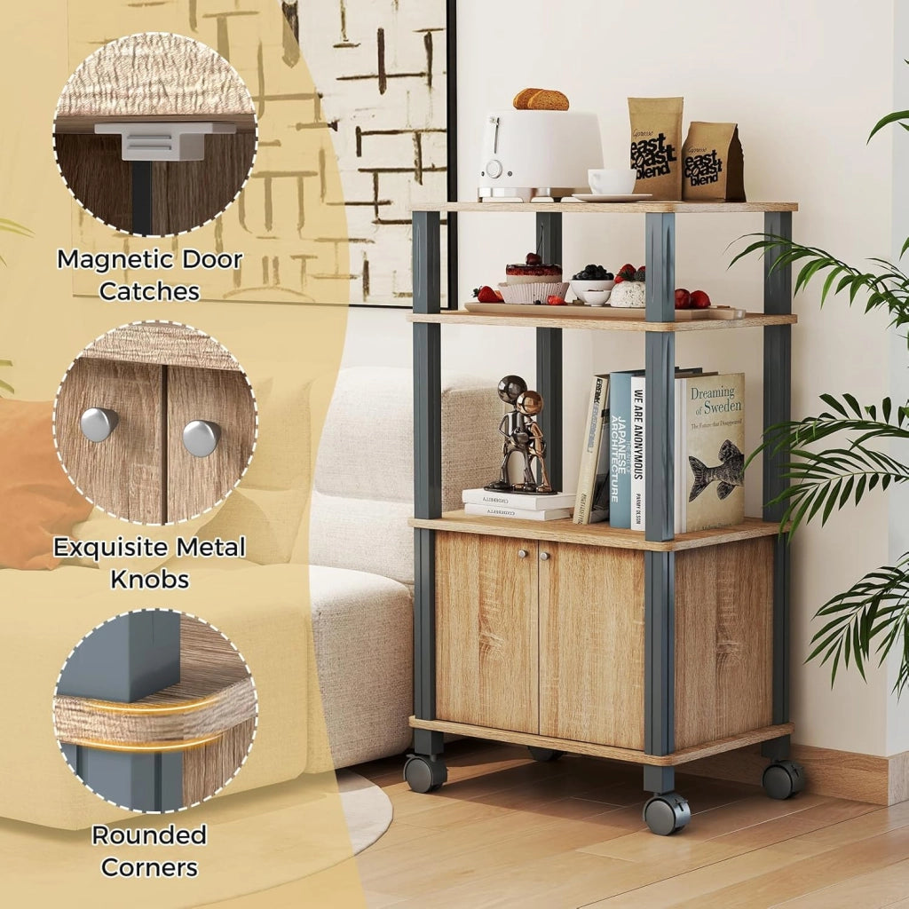 Carrello a rotelle a microonde, carrello da cucina a microonde, con 4 ruote e 2 freni, ripiano portaoggetti a 3 livelli e armadio ante,60 x 40 x 98 cm (Naturale)