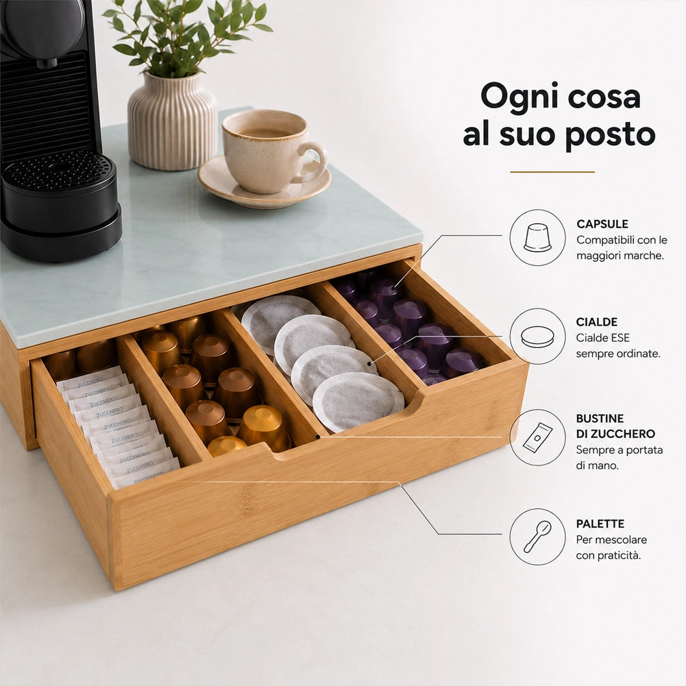 Portacapsule Piano Vetro Effetto Marmo Sky White Portacialde Organizer 31.5x10cm