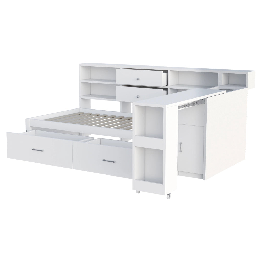 OKWISH Letto a Divano 90×200 cm, Letto Singolo con 2 Cassetti, USB, Presa e Scrivania Estraibile, senza Materasso, in Legno, Bianco