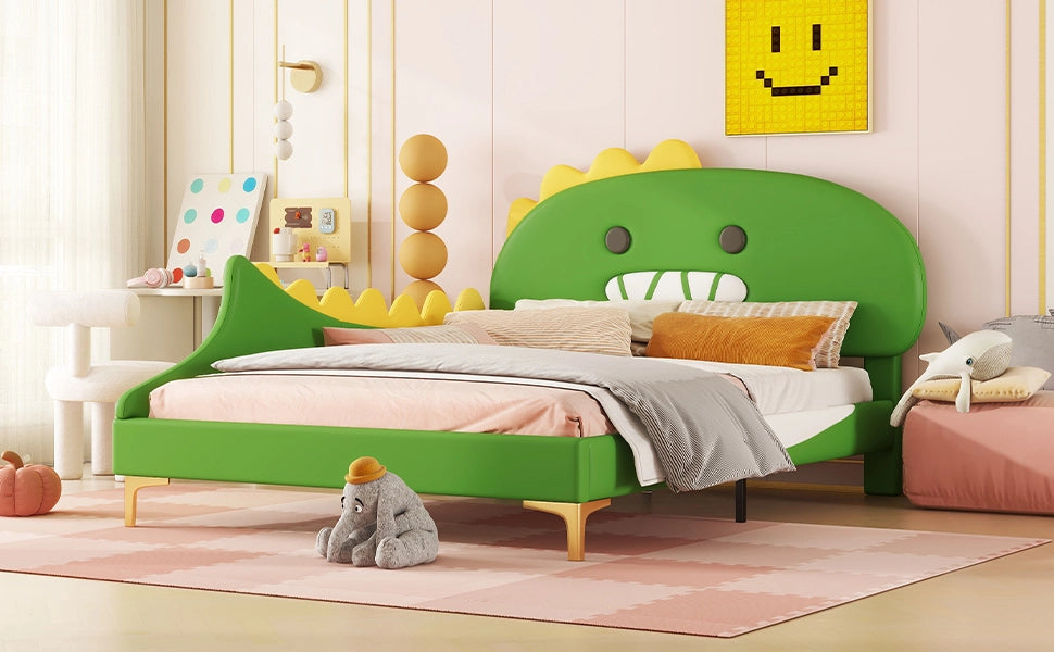 DESMIU Letto Bambini 140 × 200 cm 2 Posti con Testiera a Dinosauro, Senza Materasso, in PU e MDF, Verde