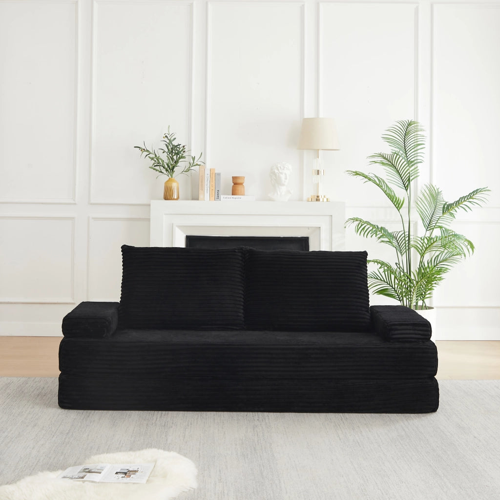 Divano modulare in tessuto corduroy nero, 211,5 cm, con schienali e braccioli regolabili