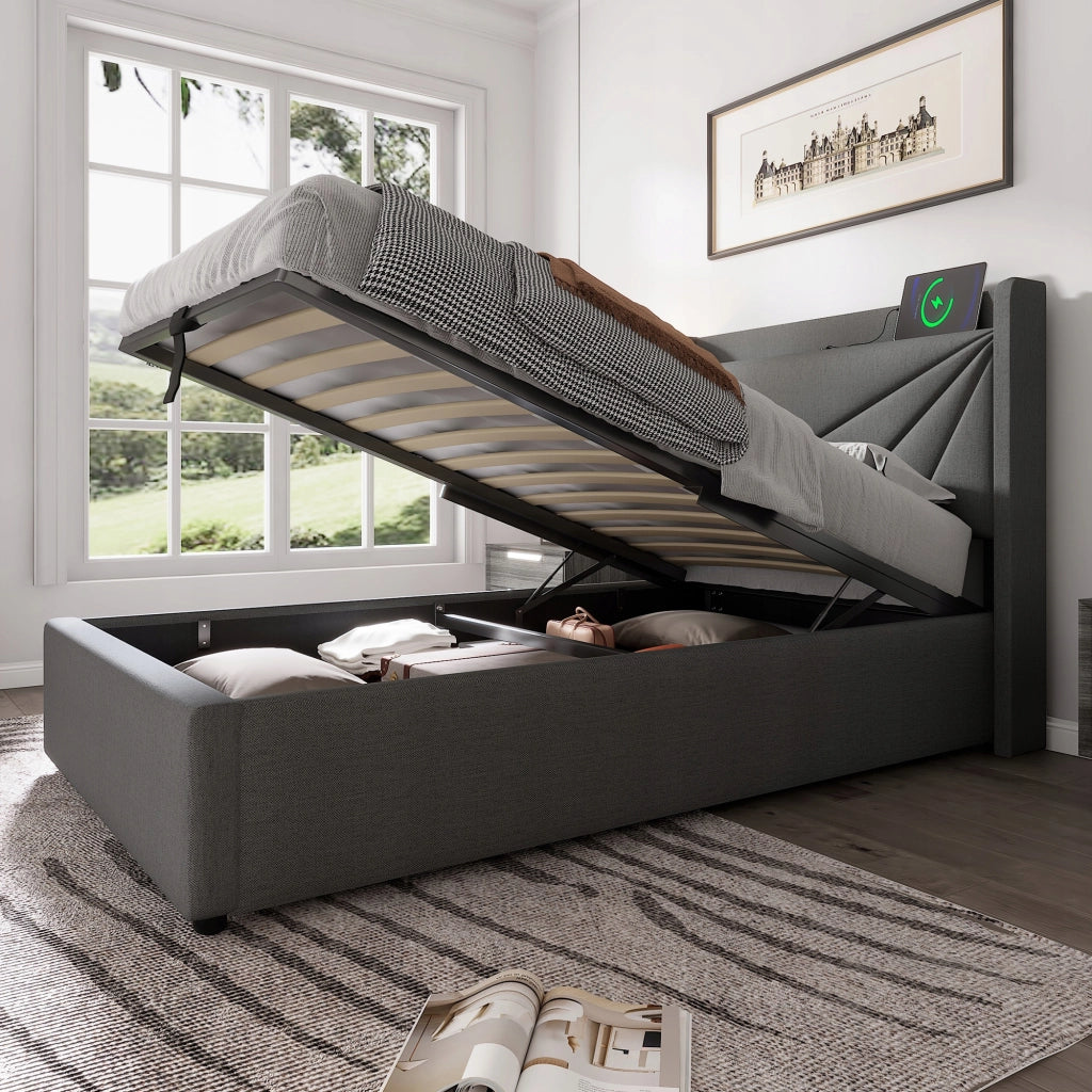 Letto singolo con cassetto e USB-C - Xylo - 90x200 - Lino