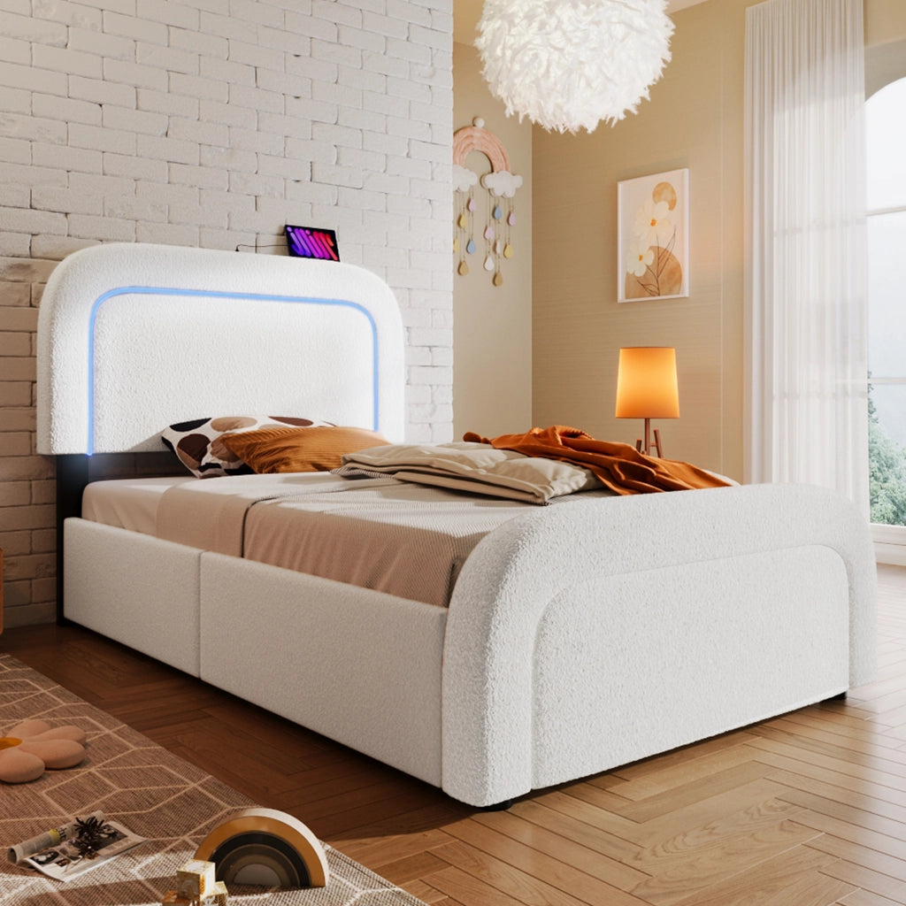 Letto singolo imbottito – 90x200 cm – USBC LED testiera regolabile – bianco sherp