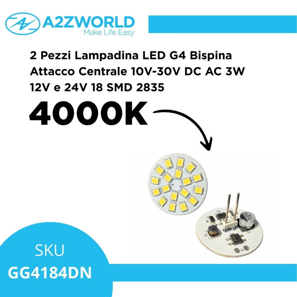2 Pezzi Lampadina LED G4 Bispina Attacco Centrale DC AC 3W 12V e 24V Bianco Neutro 4000K 18 SMD 2835 10V-30V