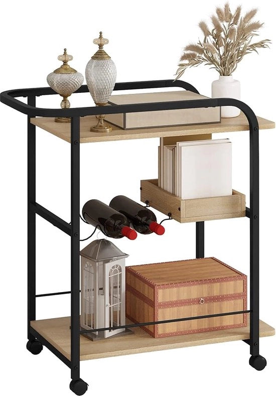 Carrello da cucina, trolley su ruote, carrello con 3 piani, mobile da cucina con piano di lavoro, maniglia, 2 freni, carrello per bevande, di metallo, materiale in legno, legno di quercia chiaro, nero RW049