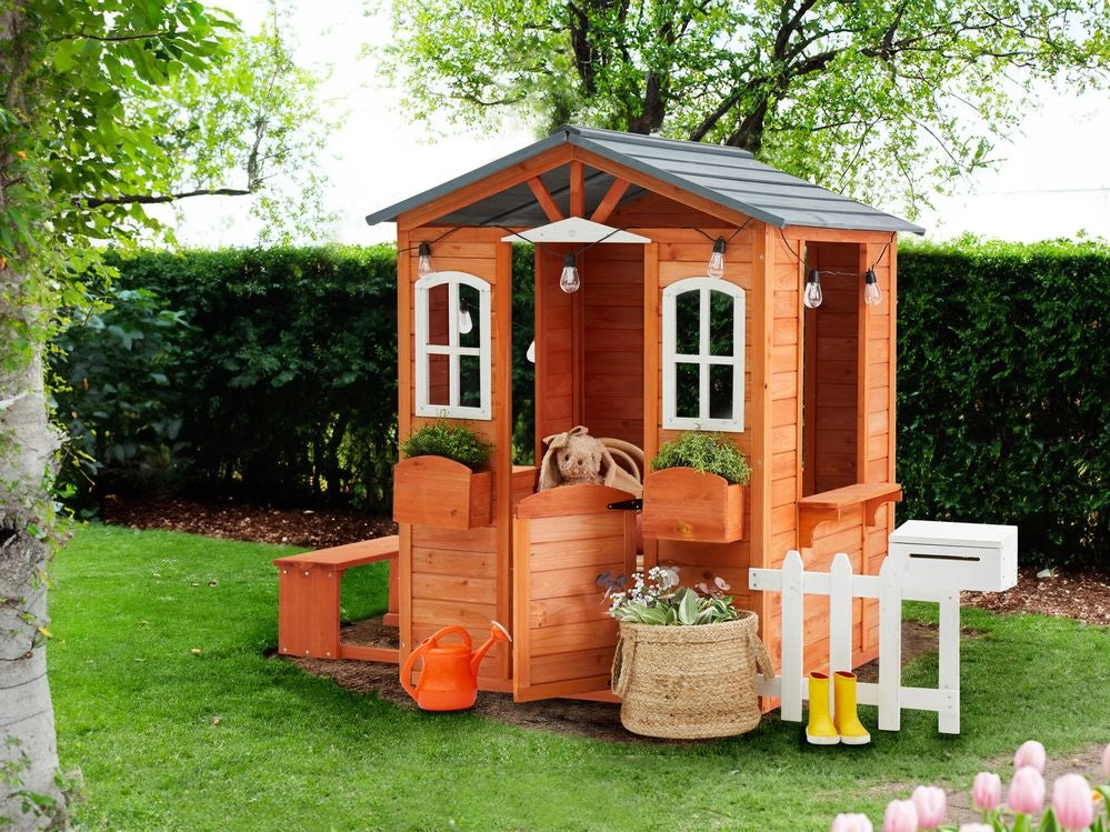 Casetta da giardino in legno di abete chiaro per esterni con panchina e cassetta postale
