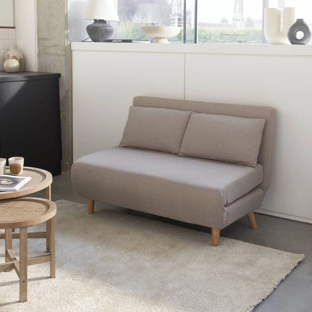 Divano letto in tessuto con gambe in legno, 2 posti, beige