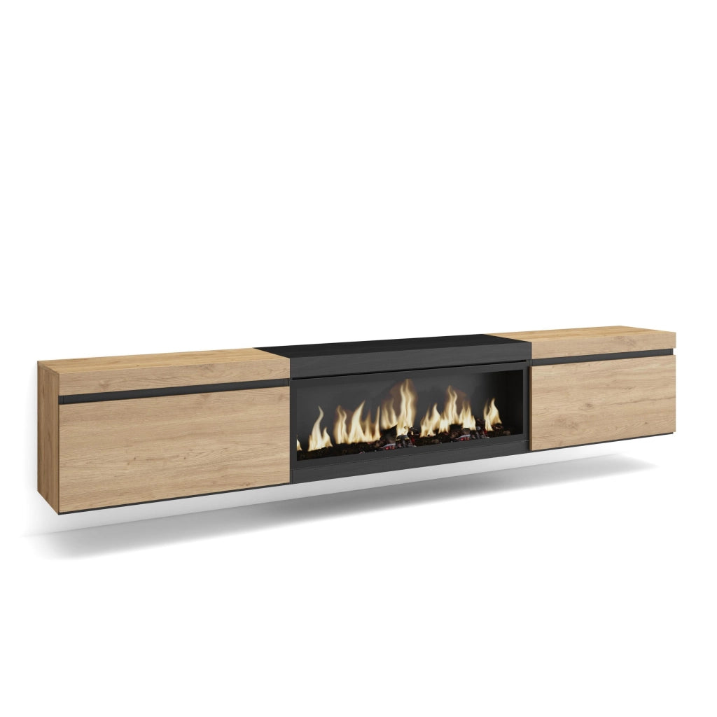 Mobile TV Soggiorno, 267x35x45cm, TV di grande formato, Camino elettrico XXL, da appendere, colore Rovere e nero RF3604