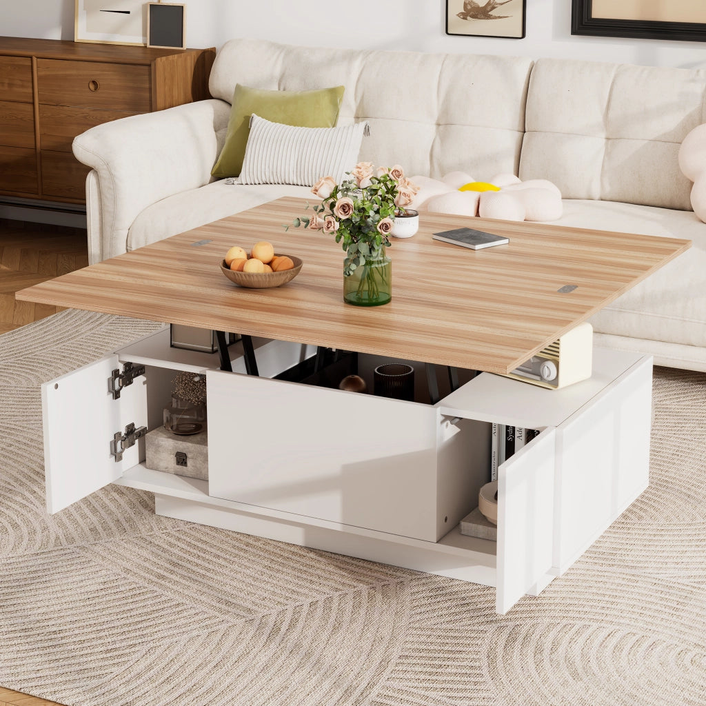 Tavolino da caffè 100x50x55.5 cm; doppio piano sollevabile con vano nascosto; pannello truciolare bianco