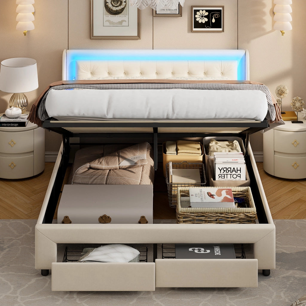 Letto imbottito con cassetto e LED in tessuto beige