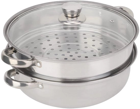 Piastra a vapore 2 in strati 27cm - Piastra a vapore in acciaio inossidabile - Piastra a vapore per alimenti - Maniglia ergonomico - Coperchio in vetro resistente - Design elegante - Cestello a vapore