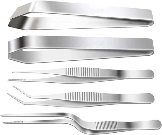 Set di Pinze per Pesci - 3 Pezzi Pinze in Acciaio Inox per Cucina (Liscia/Incurvata/Pendente) e 2 Pezzi Pinze in Acciaio Inox per Pesci (Liscia/Pendente) 16cm/12cm per Cottura e Frutti di Mare