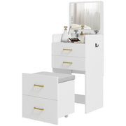 Tavolo da trucco 3 in 1 con specchio, comodino, sgabello con ruote, cassetti, bianco