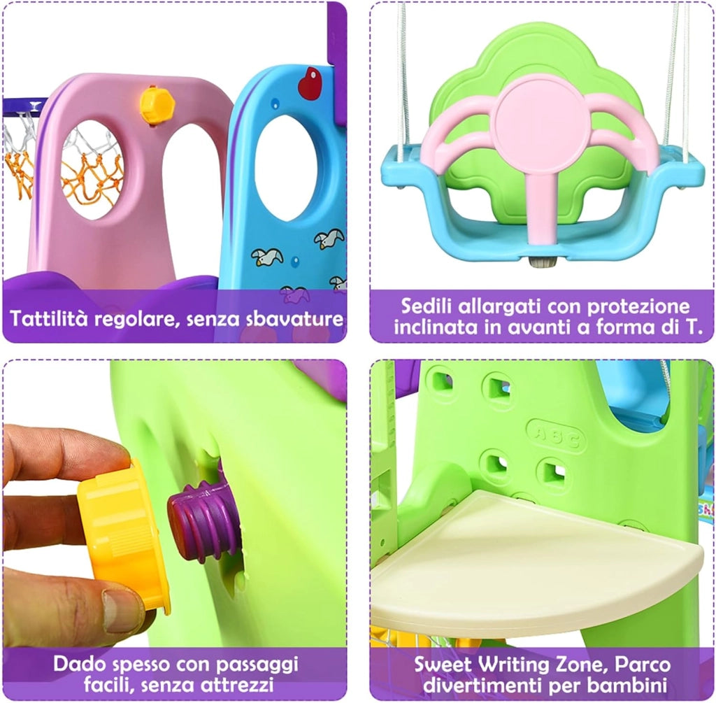 Parco Giochi 6 in 1 Multi Giochi da Giardino, con Altalena e Scivolo, Pallacanestro e Porta da Calcio, 209x174x115 cm, per Bambini 3-8 Anni (Viola)