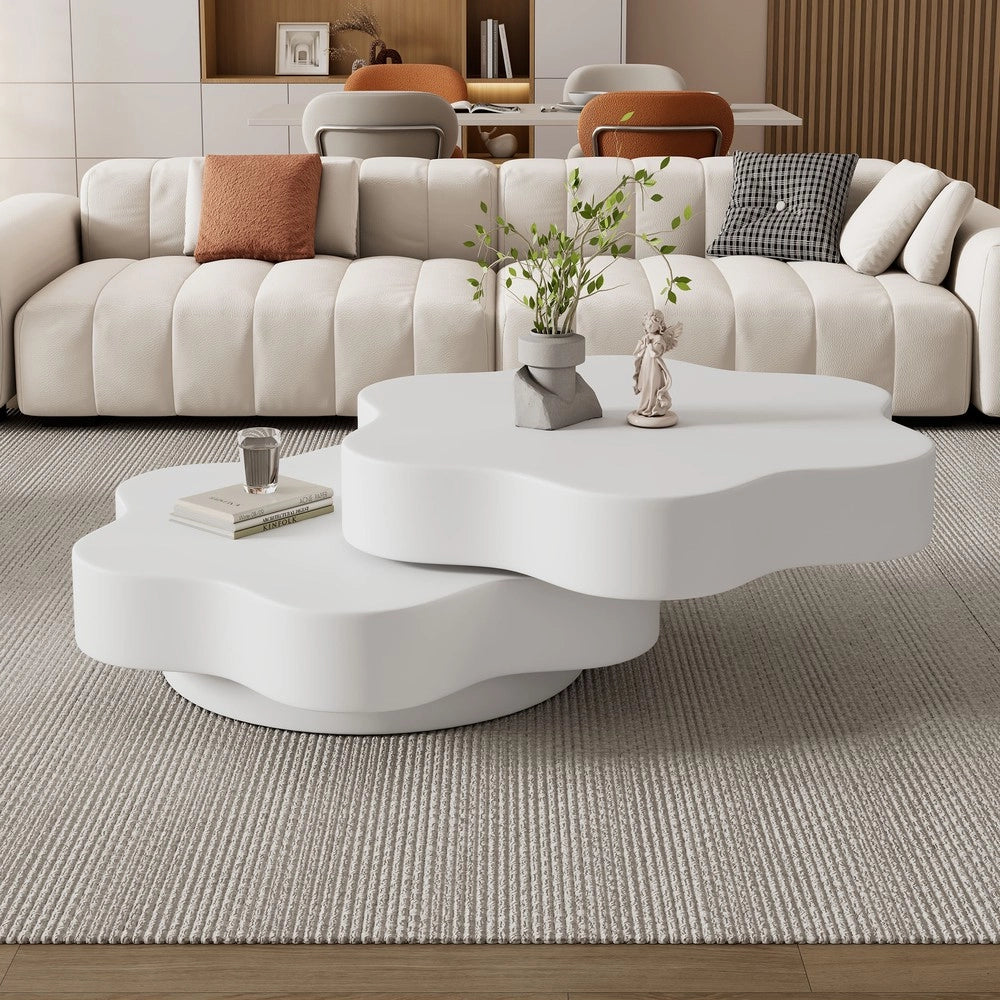 Tavolino da Salotto Rotondo ¨C MINIMAL ¨C MDF, Bianco Crema, Piano Girevole 360¡ã, 2 Livelli, 74.8x67.5x31 cm