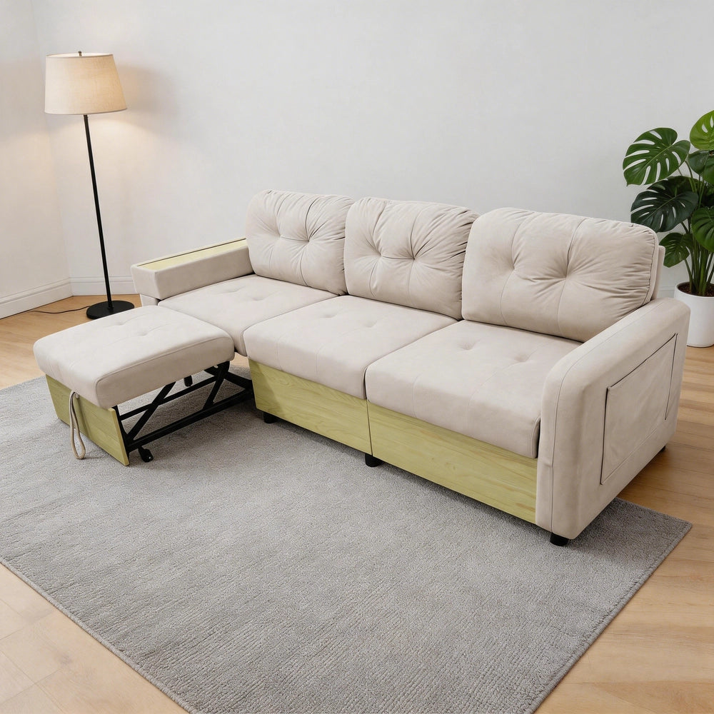 Divano Angolare 3 Posti con Penisola Estraibile ¨C MINIMAL ¨C Velluto Verde/Beige, Contenitore, Braccioli in Legno