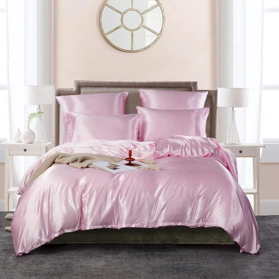 Set di lenzuola da letto, 135 x 200 cm, 2 pezzi, seta, cotone, liscio, set di lenzuola, elegante, seta liscia, rosso, rosa chiaro, lenzuola per letto singolo con chiusura a zip