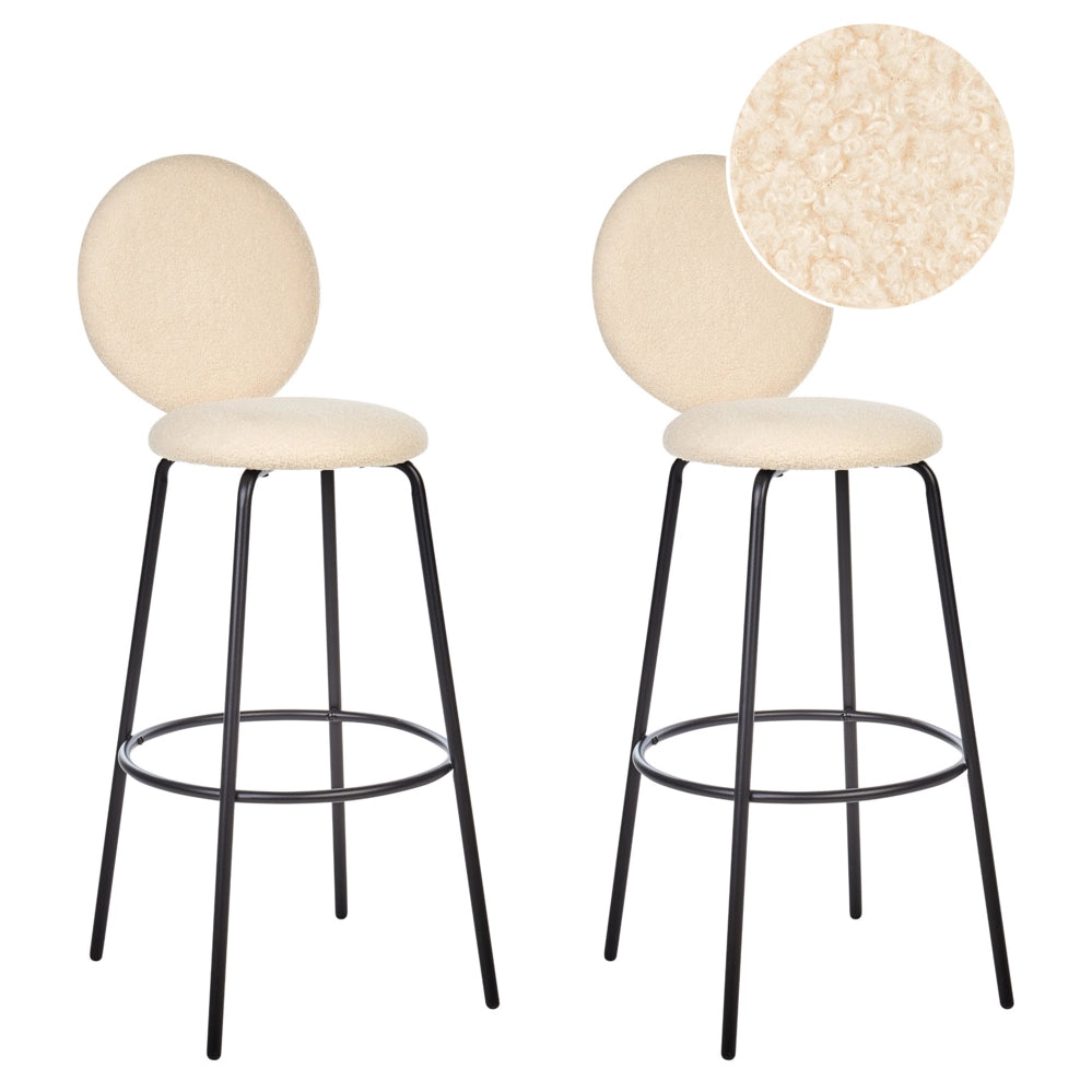 Set di 2 sedie da bar bouclé beige chiaro con gambe in acciaio e schienale rotondo soggiorno salotto