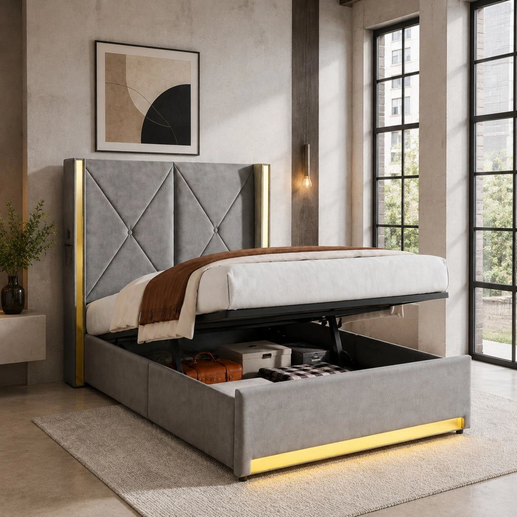 Letto contenitore 90x200 cm in velluto grigio scuro con USB, Type-C, LED, tasche laterali e testiera alta