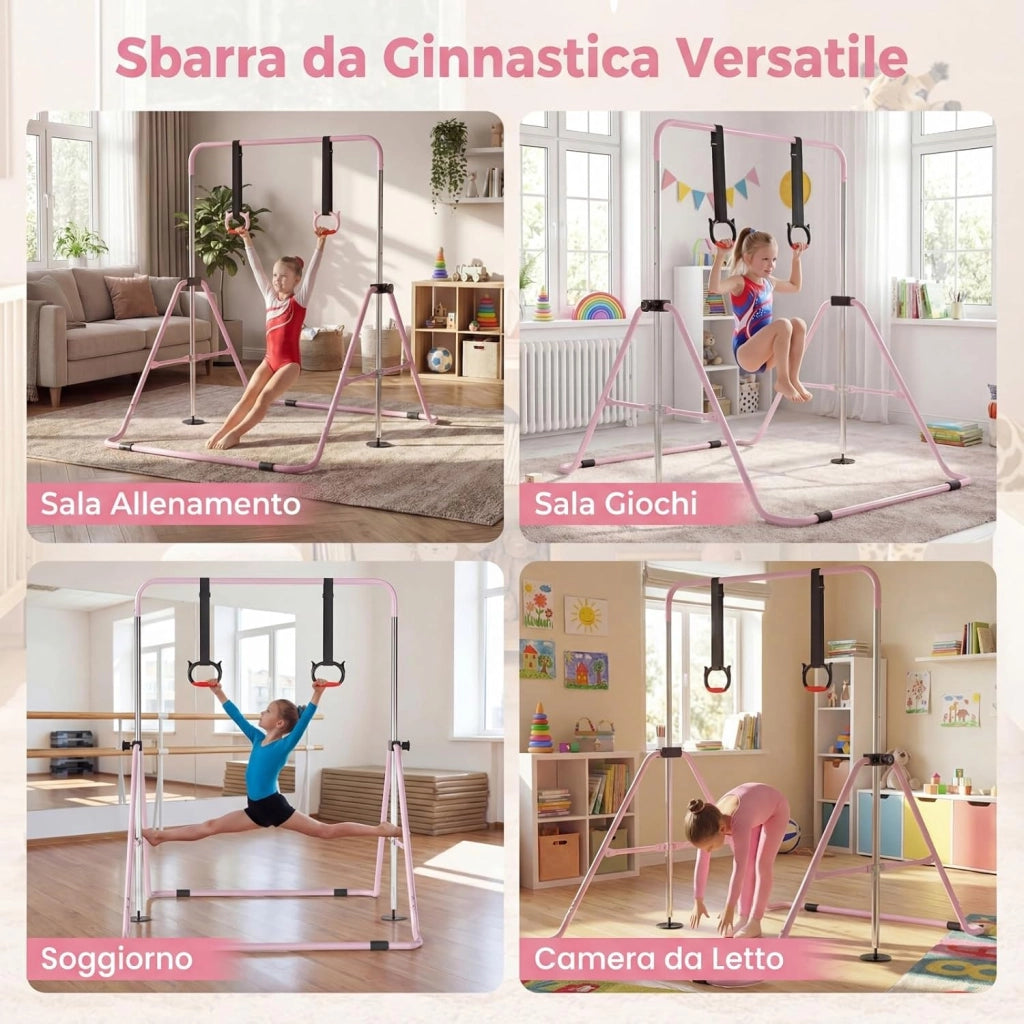 COSTWAY Sbarra Ginnastica Pieghevole per Bambini, Barra Ginnastica per Casa Regolabile a 4 Livelli con Anelli e Cuscinetti Antiscivolo, Attrezzatura Ginnastica per Bambini 3-12 Anni