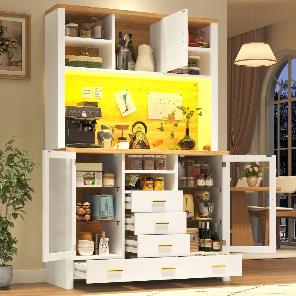 BUFFET 120x40x180 cm in MDF e vetro, bianco effetto legno con LED
