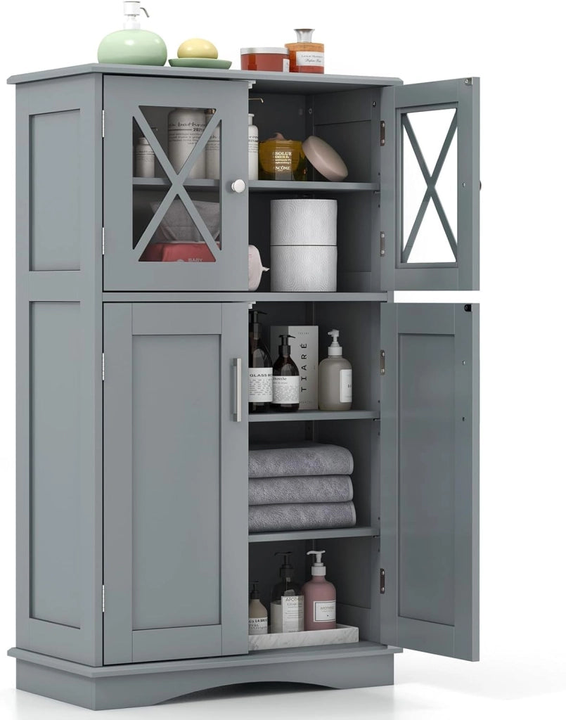 Armadietto da bagno in MDF, armadio indipendente con 4 ante e 3 ripiani regolabili, mobile bagno a pavimento per cucina, ufficio, 60 x 30 x 108 cm (grigio)