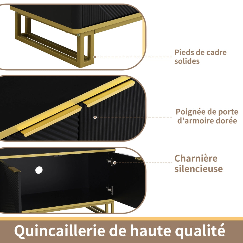Mobile porta TV geometrico a quattro ante in MDF nero e oro con passacavi, 160 × 37,5 × 48 cm