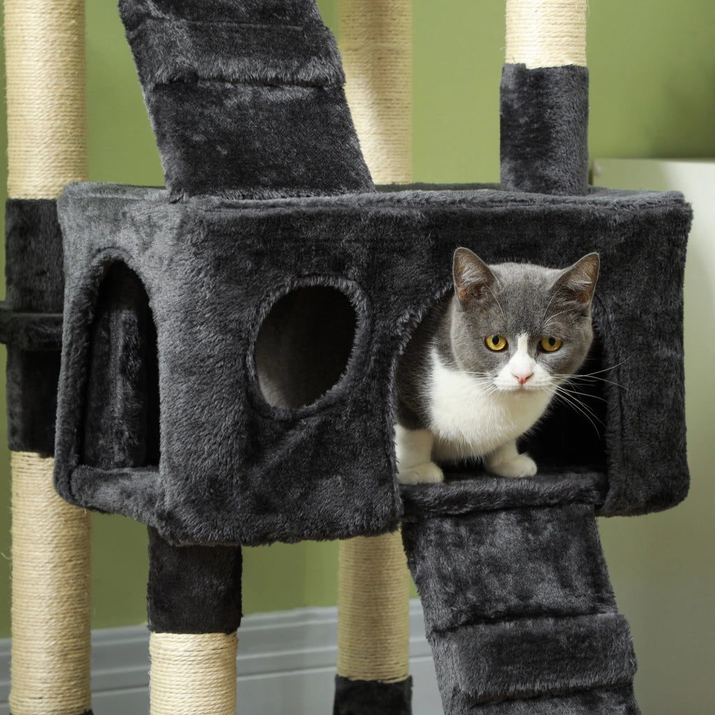 Tiragraffi per Gatti a Più Livelli con 3 Posti Relax, 2 Casette e 2 Scale, Grigio