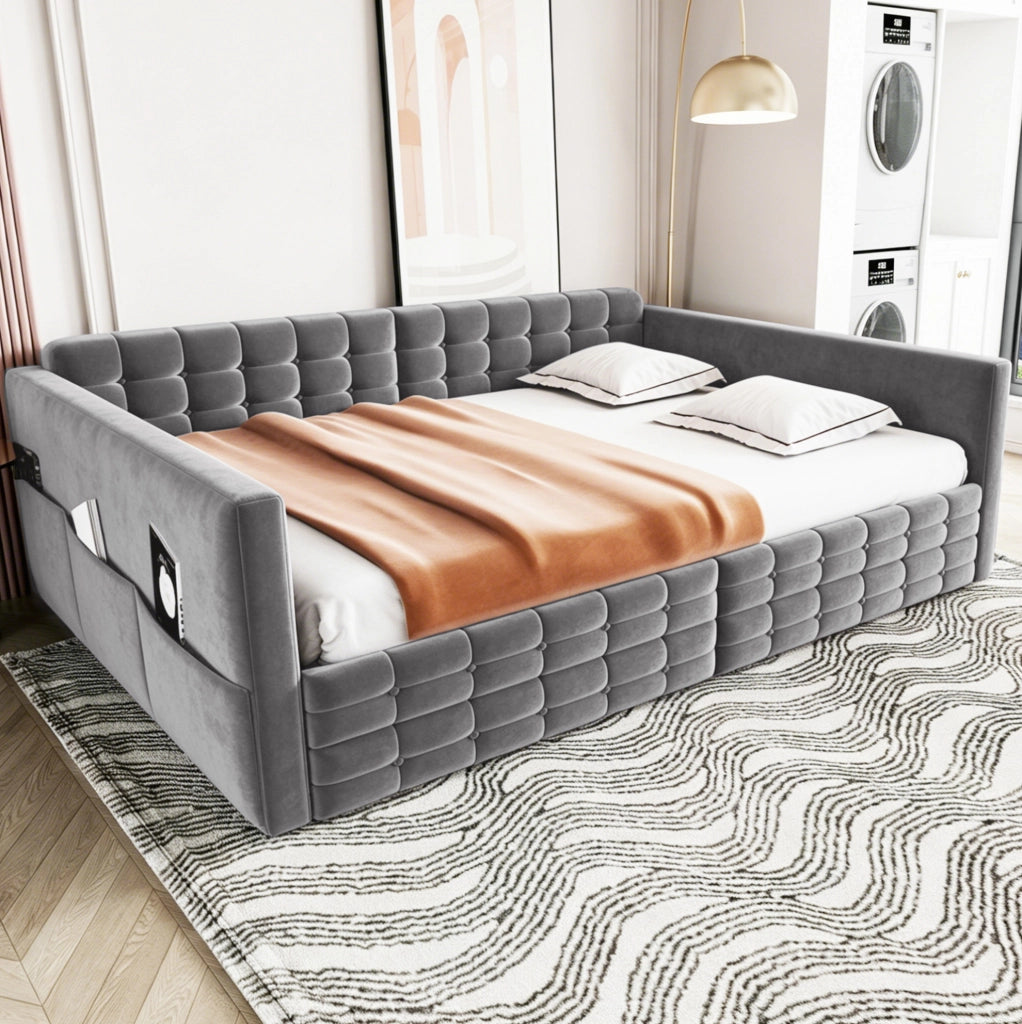 Letto imbottito 140x190 cm con cassetti e tasche laterali in velluto grigio