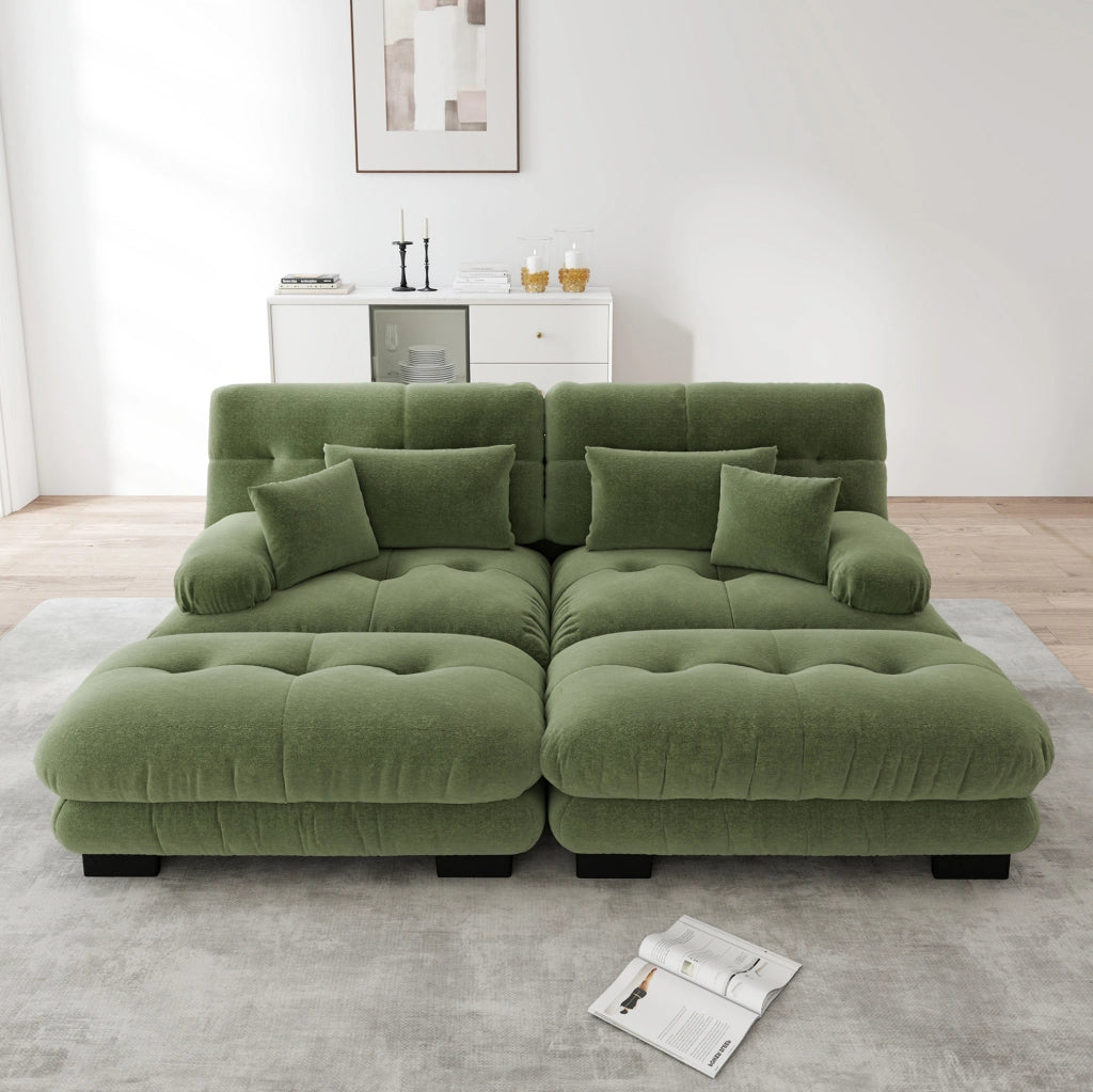 Divano modulare con ottomans; tessuto chenille; verde