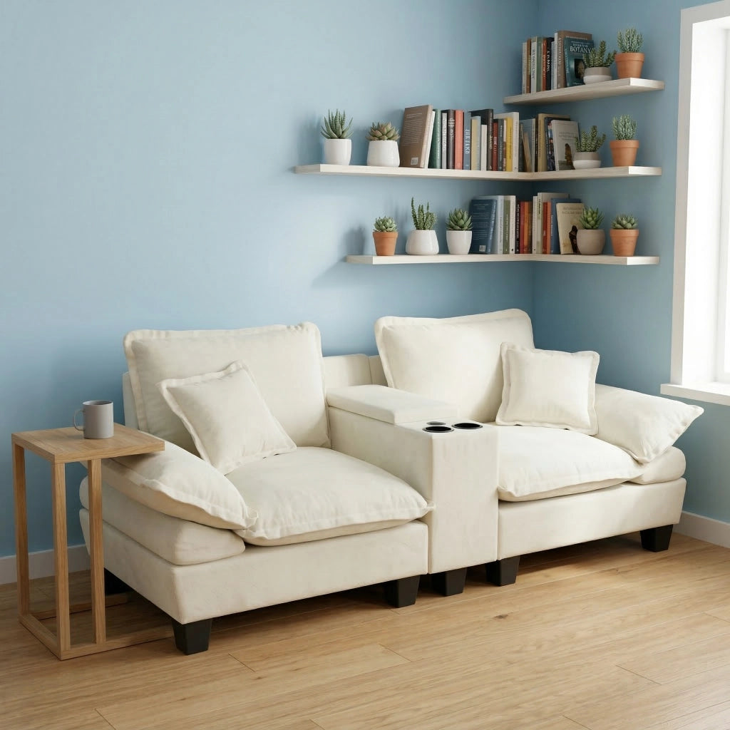 Divano modulare con porte USB, vano contenitore, portabicchieri e pouf, Chenille Beige 224 × 82 × 90 cm