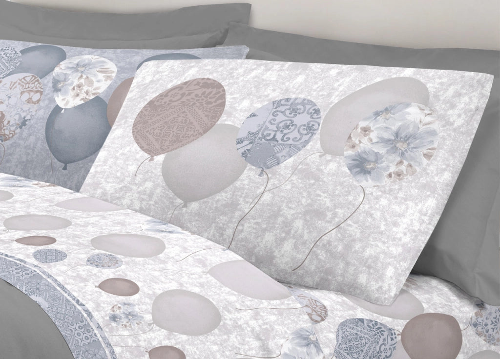 Completo Lenzuola Letto Pensieri Delicati 100% Cotone Dis. Palloncini - Piazza E Mezza - Grigio