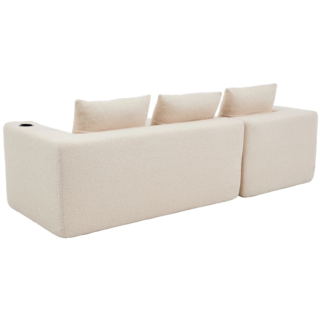 Divano angolare 258 cm con portabicchieri e seduta profonda in poliestere beige per soggiorni piccoli e uffici