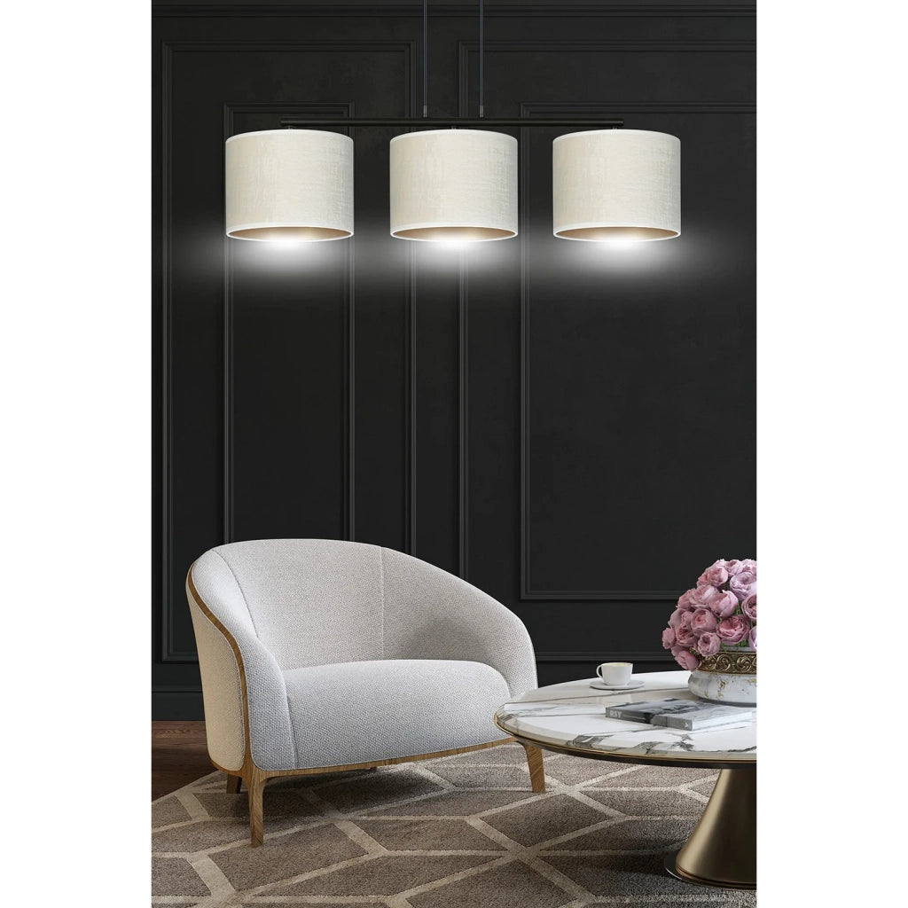 Lampadario 3 Luci Ganesha In Acciaio Nero E Paralumi In Tessuto Beige