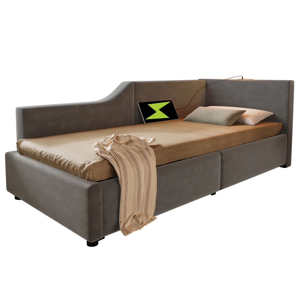 Letto imbottito daybed 90x190 cm con contenitore idraulico, lampada da lettura e porta USB-C, velluto grigio