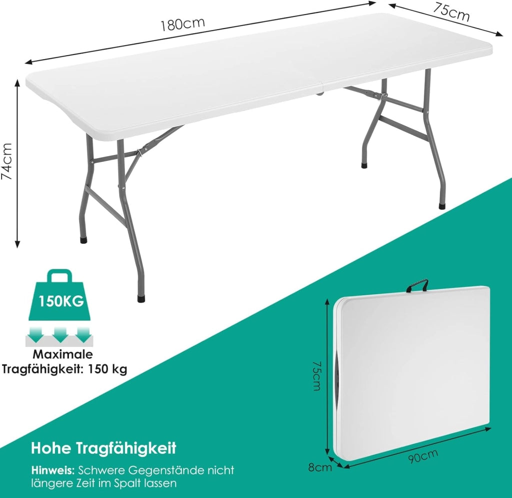 Tavolo da Giardino Pieghevole 180x75 cm,Tavolo da Buffet con Impugnatura di Trasporto,Tavolo Pieghevole in HDPE Plastica per 10 Persone, Bianco,Tavolo da Campeggio Tavolo Feste